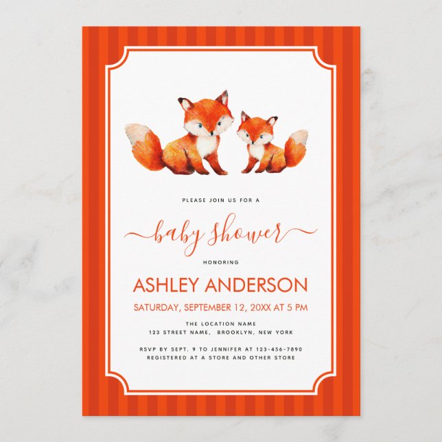 Fox Mama and Baby Shower Watercolor & Red Stripes Invitation (Front)