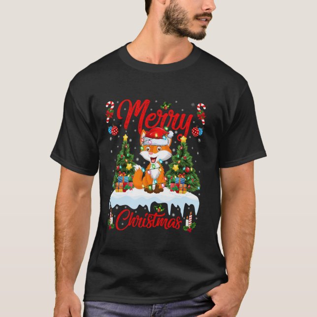 Fox Merry Christmas Tree Lighting Santa Fox Xmas T-Shirt (Front)