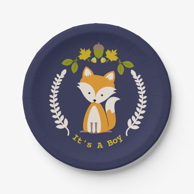 Fox Modern Boy Baby Shower Paper Plate (Front)