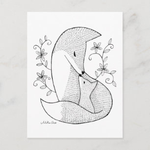 Fox mom & baby Postcard Fox ink drawing Art Card