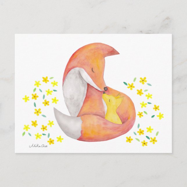 Fox Mom Baby Postcard Red Fox Watercolor Art Card (Front)