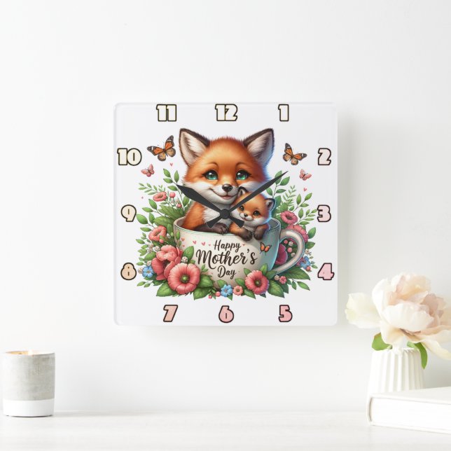 Fox Mom: Cub, Flowers, Mother's Day Square Wall Clock (Home)