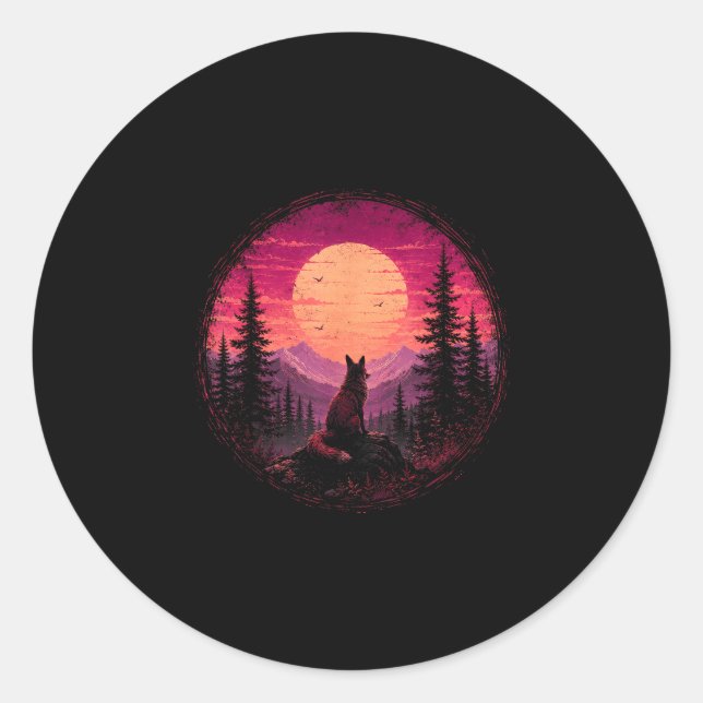 Fox moon forest mountain wilderness nature classic round sticker (Front)