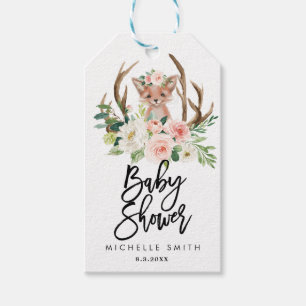 fox neutral rustic floral baby shower tags