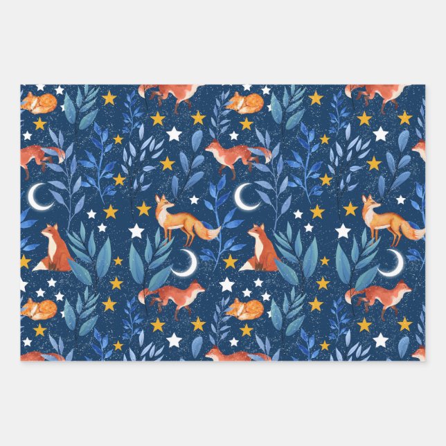 Fox Night Forest Celestial Seamless Pattern Wrapping Paper Sheet (Front)