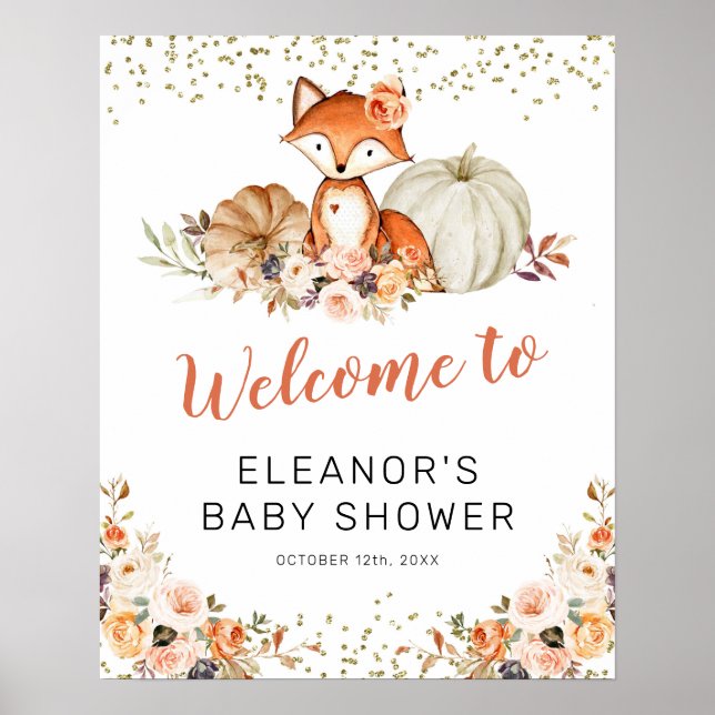 Fox Oh Girl Fall Pumpkin Baby Shower Welcome Sign (Front)
