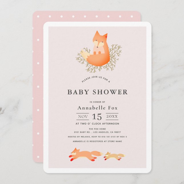 Fox on Branch Pink Girl Baby Shower Invitation (Front/Back)