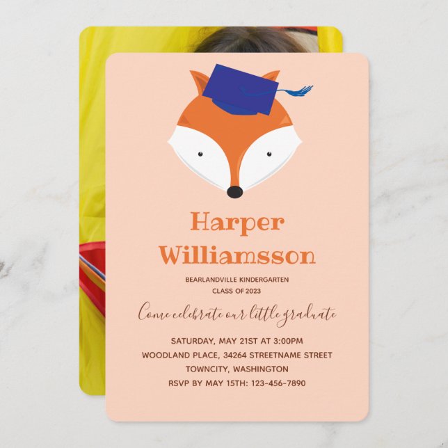 Fox Orange Photo Kindergarten Graduation Invitation (Front/Back)