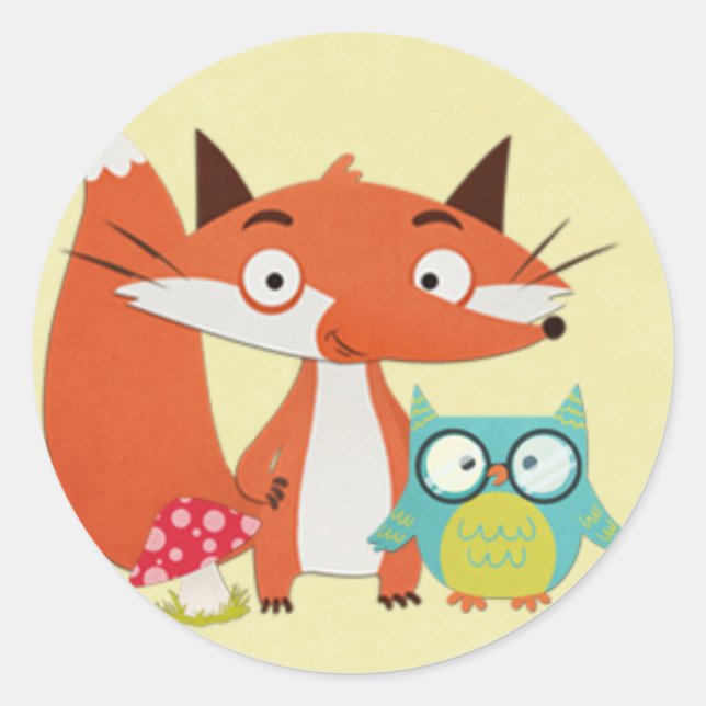 Fox Owl and Mushroom on Yellow Classic Round Sticker (Front)