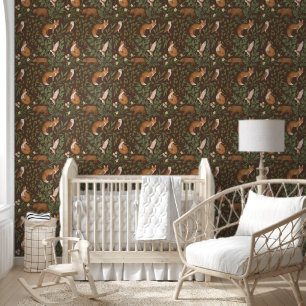 Fox & Owl Forest Woodland Creatures Brown Wallpaper