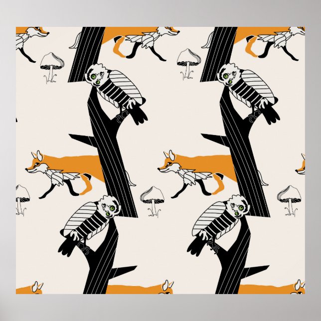 Fox, owl, tree, vintage seamless. poster (Front)