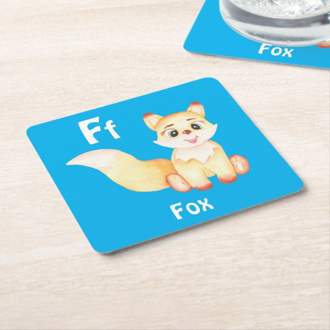 Fox personalize ABC: Letter F - Add Your Name Square Paper Coaster (Angled)