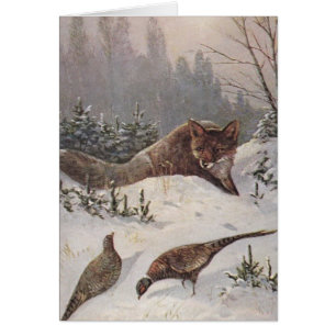 Fox & Pheasants Muted Winter Day Hunt Blank Card