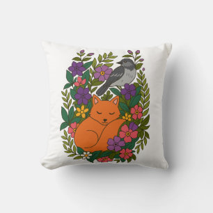 Fox, pigeon and flowers throw pillow