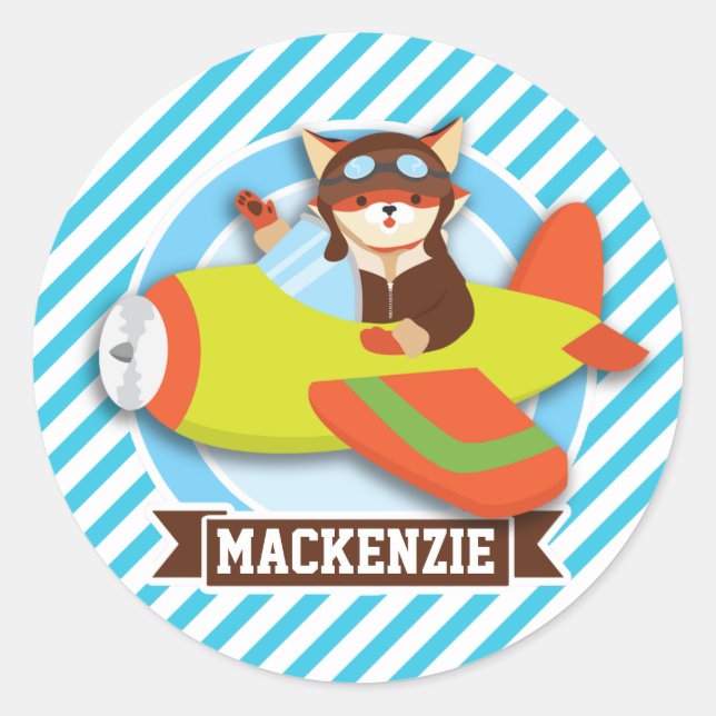 Fox Pilot in Green & Orange Airplane; Blue Stripes Classic Round Sticker (Front)