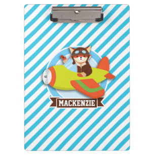 Fox Pilot in Green & Orange Airplane; Blue Stripes Clipboard
