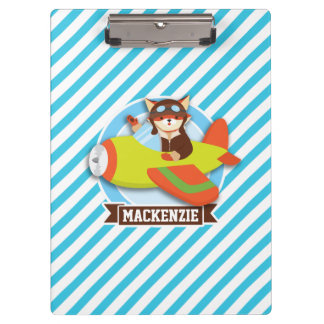Fox Pilot in Green & Orange Airplane; Blue Stripes Clipboard