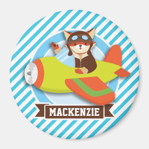 Fox Pilot in Green & Orange Airplane; Blue Stripes Magnet