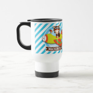 Fox Pilot in Green & Orange Airplane; Blue Stripes Travel Mug
