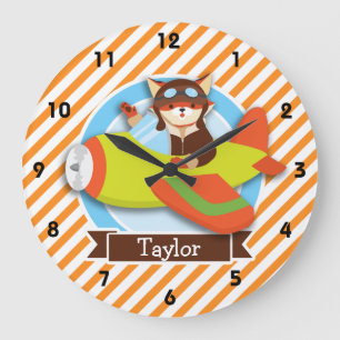 Fox Pilot in Green & Orange Airplane Large Clock