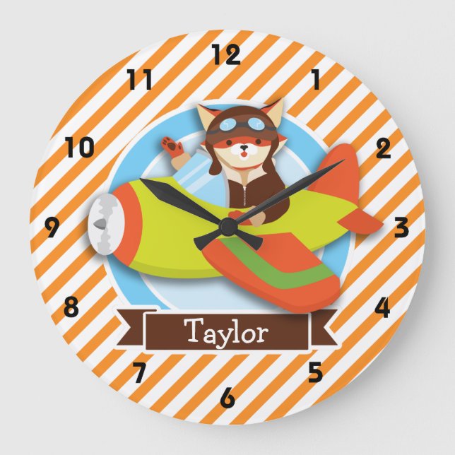 Fox Pilot in Green & Orange Airplane Large Clock (Front)