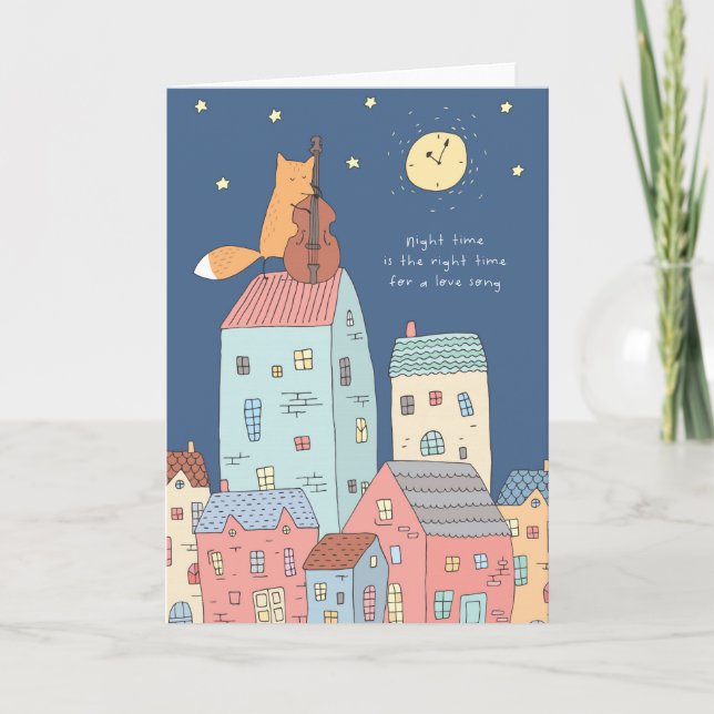 Fox playing a contrabass at night on rooftop, card (Front)