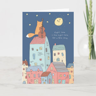 Fox playing a contrabass at night on rooftop, card