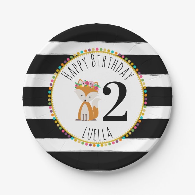 Fox Pompom Stripes Birthday Paper Plate (Front)