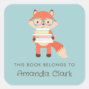 Fox reading bookplate square sticker