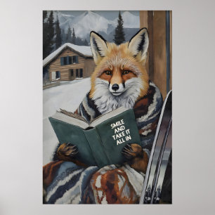 Fox Reading Ski Art Print Motivational Winter