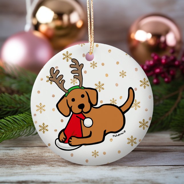 Fox Red Labrador and Santa Christmas Cartoon Ceramic Ornament (Fox Red Labrador Santa Christmas Ornament for Labrador Owners.  Personalized gift idea.)