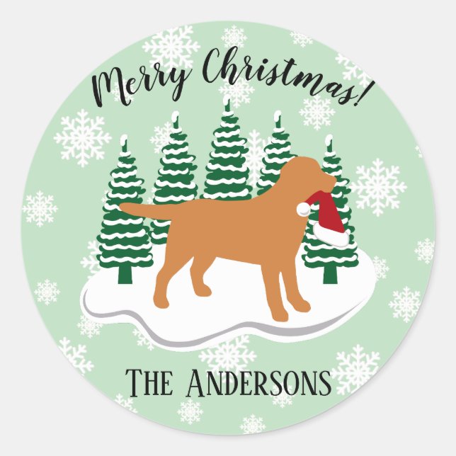 Fox Red Labrador Christmas Evergreen Snowflakes Classic Round Sticker (Front)