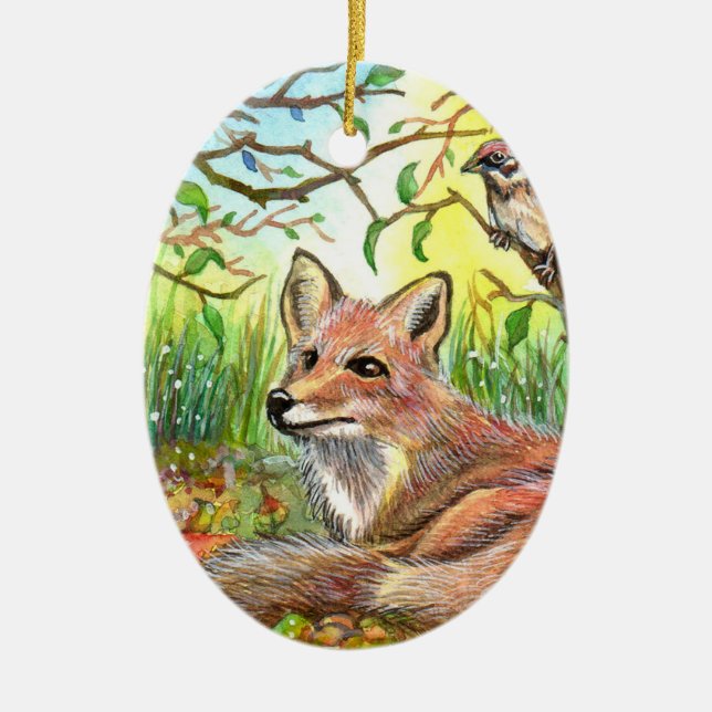 Fox Resting With Sparrow Ceramic Ornament (Front)