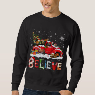 Fox Riding Red Truck Christmas Tree Believe Santa Sweatshirt