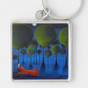 Fox Running In Woodland at Night. Keychain