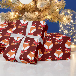 Fox Santa Hat Burgundy Animal Christmas Holiday Wrapping Paper