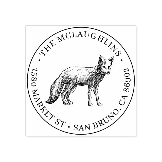 Fox Sketch | Round Family Name & Return Address Rubber Stamp (Imprint)