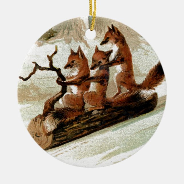 Fox Sleigh Ride Vintage Print Ceramic Ornament (Front)