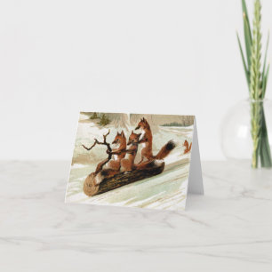 Fox Sleigh Ride Vintage Print Holiday Card