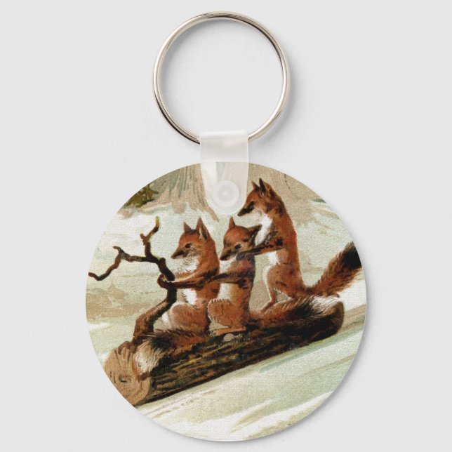 Fox Sleigh Ride Vintage Print Keychain (Front)