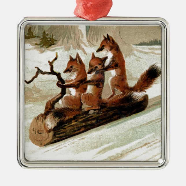 Fox Sleigh Ride Vintage Print Metal Ornament (Front)
