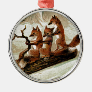 Fox Sleigh Ride Vintage Print Metal Ornament
