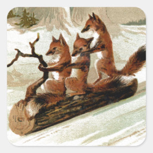 Fox Sleigh Ride Vintage Print Square Sticker