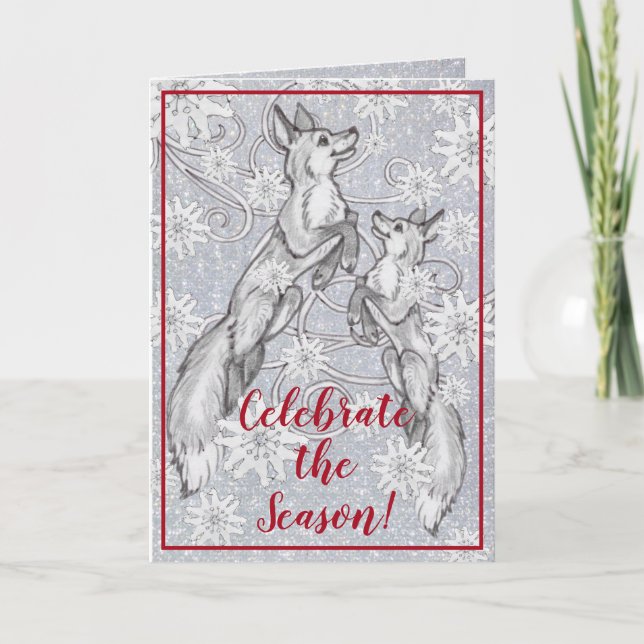 Fox Snowflake Silver Glitter Elegant Christmas Art Holiday Card (Front)