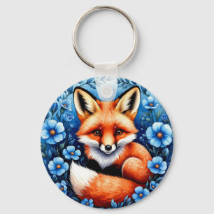 Fox Surrounded by Blue Flowers Keychain