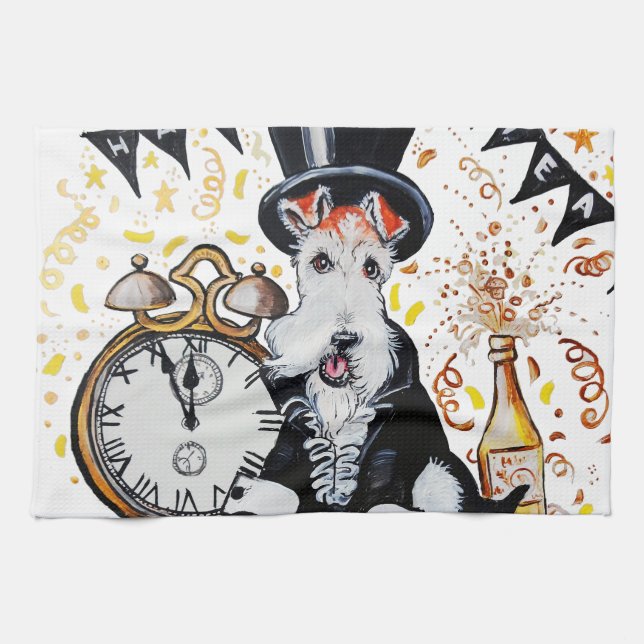 Fox Terrier Happy New Year Kitchen Towel (Horizontal)