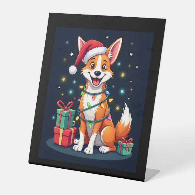 Fox Terrier Xmas Lighting Santa Fox Terrier Dog Ch Pedestal Sign (Front)