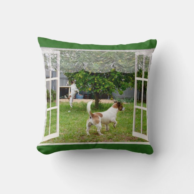Fox Terriers Exploring The Garden, Throw Pillow (Front)