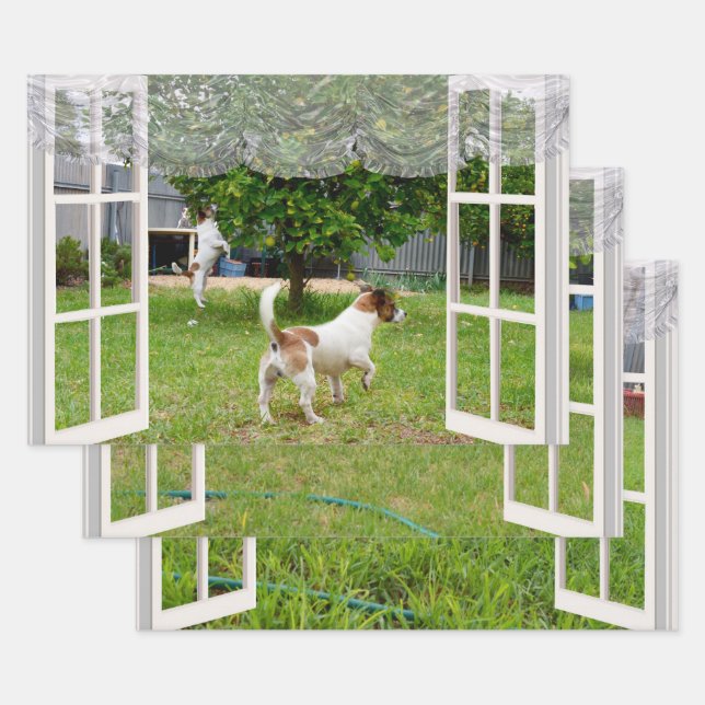 Fox Terriers Exploring The Garden,   Wrapping Paper Sheet (Set)
