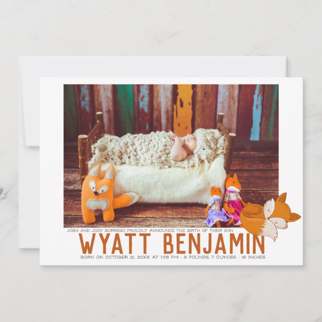 Fox Themed Birth Announcement Card (Front)